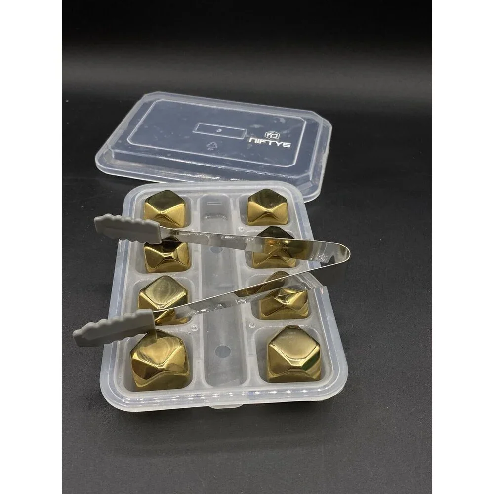 Nifty5 Whiskey Stones Gold Edition Set of 8 Stainless Steel Diamond & Tongs